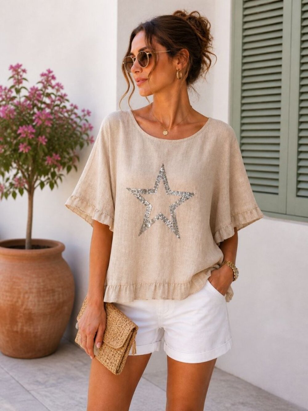Made in Italy Linen Cotton Blouse Beige Sequin Star Ruffle Size L